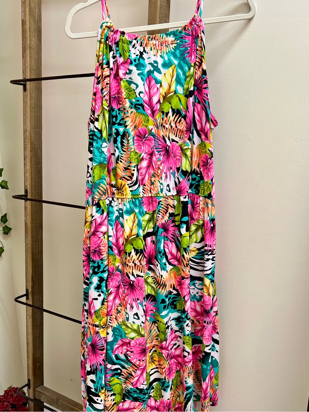 white birch Pink, Teal & Green Tropical Midi Dress